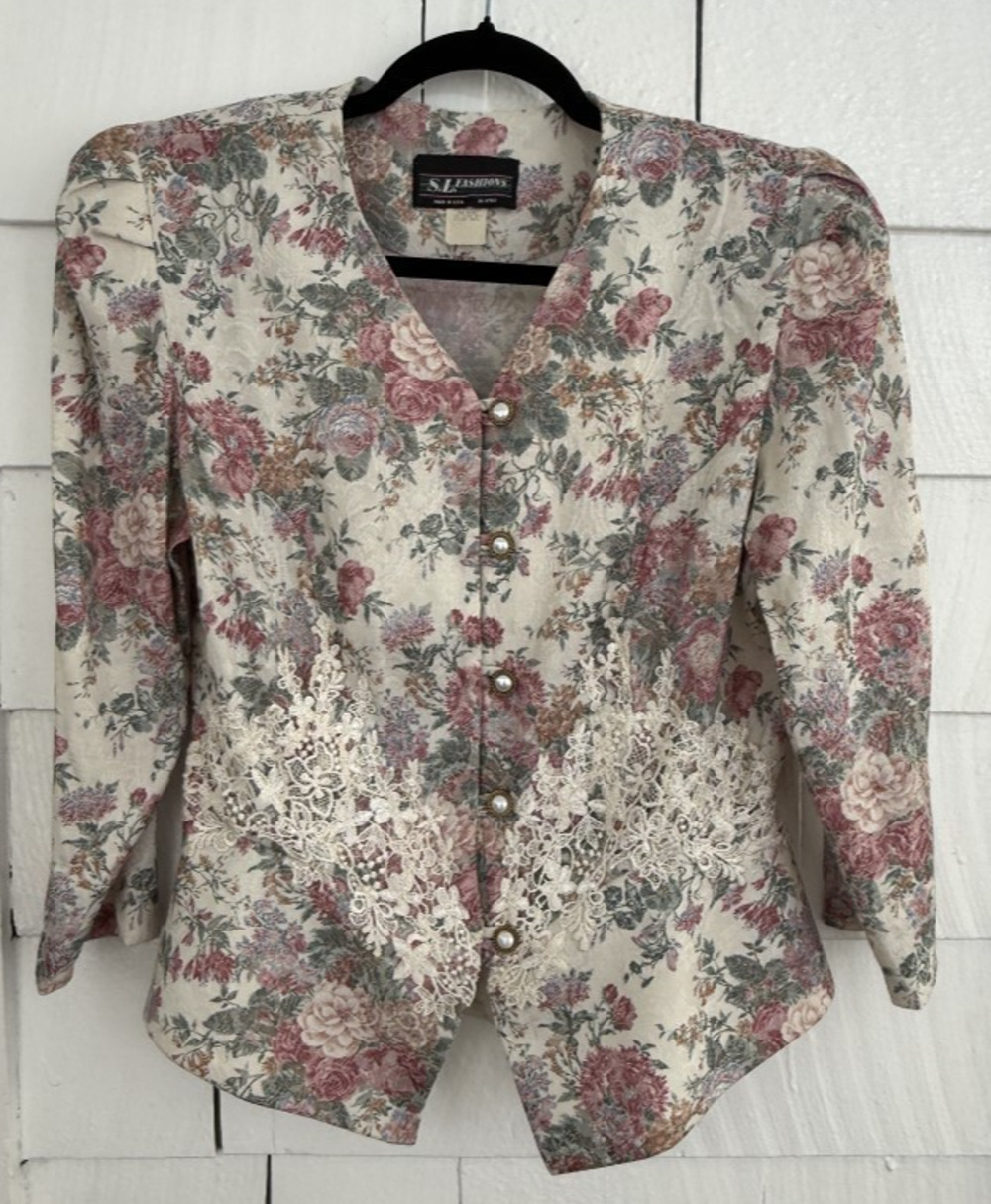 VTG SL Fashions 12 Floral & Crochet Blazer w/ Gold Trim Pearl Buttons Grannycore